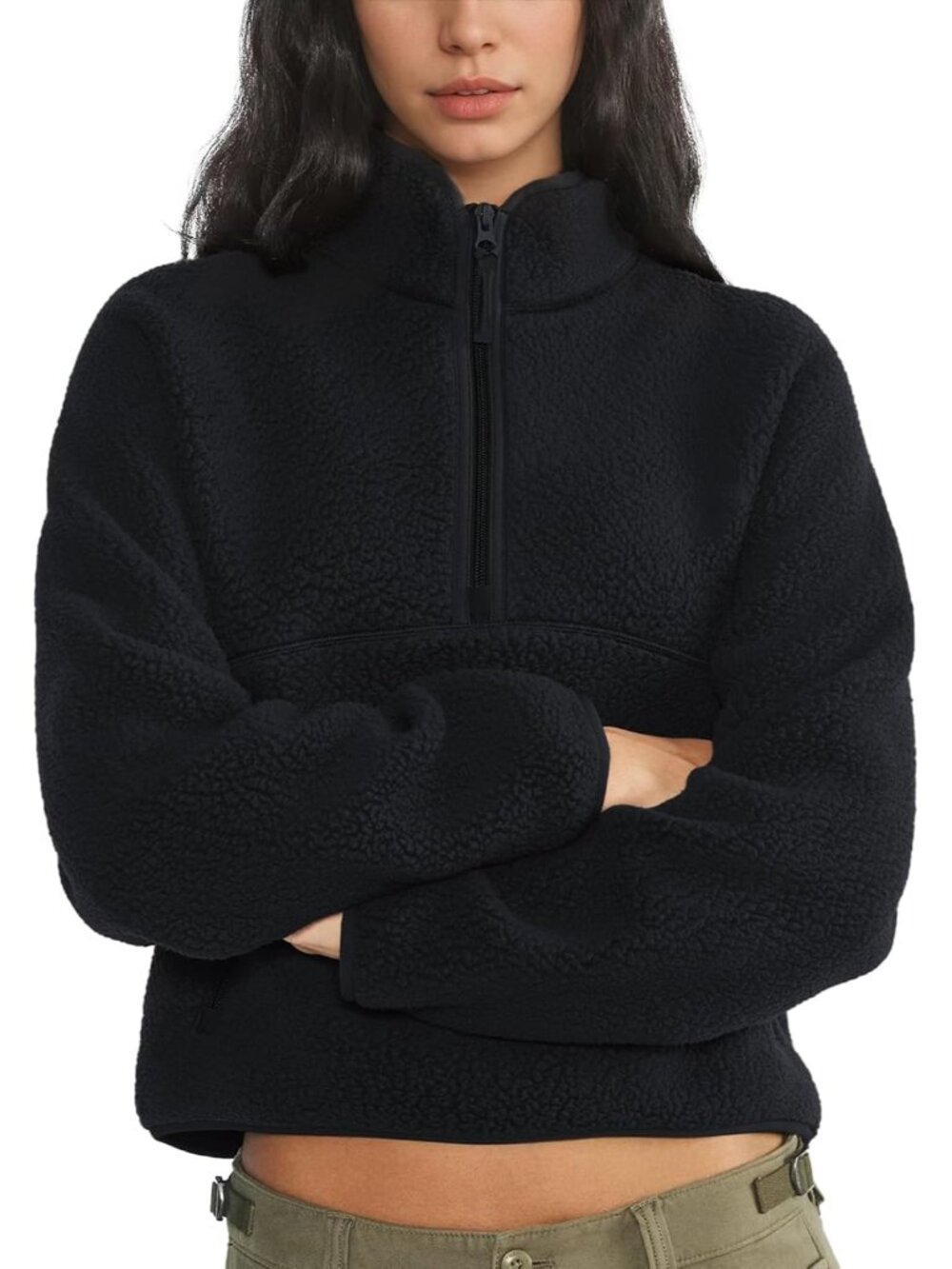 Women Black 100% Polyester Mock-neck Fuzzy Sherpa Fleece Quarter Zip Sweatshirt